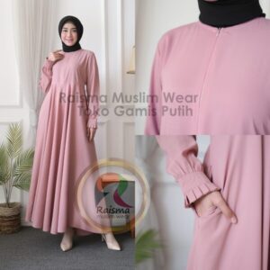 Gamis polos warna hijau hitam pink navy bahan wolfis By Raisma Muslim Wear