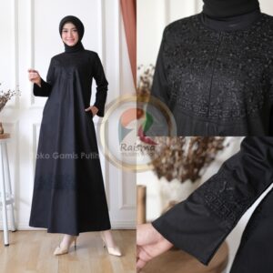 Gamis Hitam Variasi Bordir / Gamis Hitam Katun / Gamis Hitam Polos / Abaya Hitam